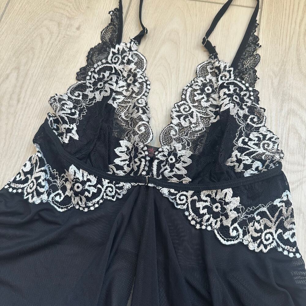 AvidLove black sheer mesh white lace lingerie sexy babydoll chemise dress medium - Picture 2 of 5